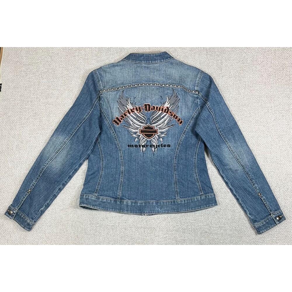 Harley Davidson Denim Jean Jacket Women's Large Blue Biker Zip Up Wings Logo